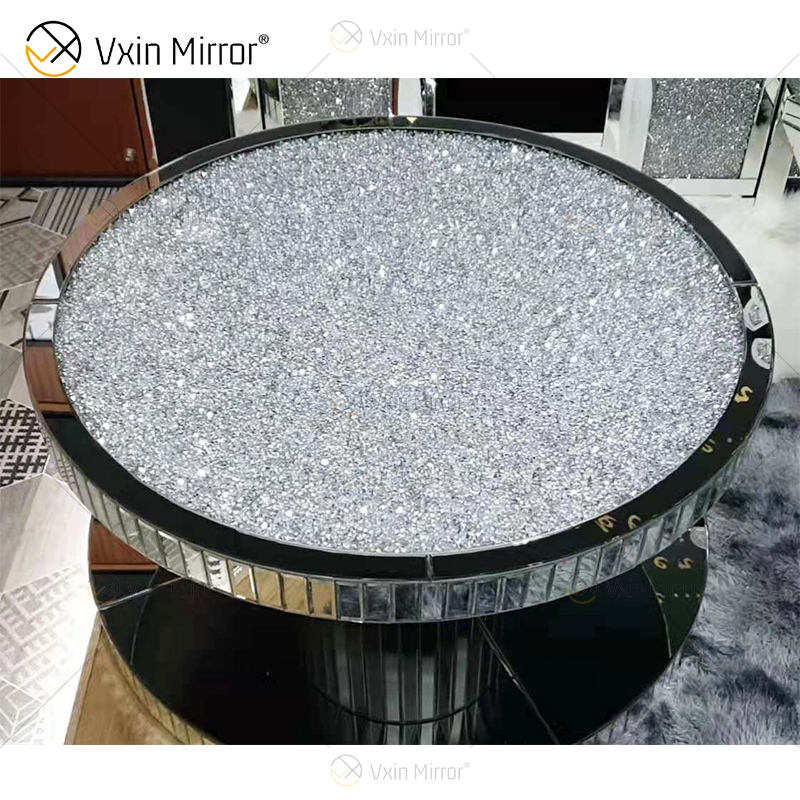 Vxin WXF-270-1 3D brilhante diamante esmagado mesa de centro espelhada redonda prata coberta com diamantes