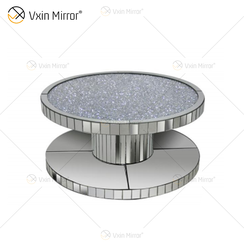 Vxin WXF-270-1 3D brilhante diamante esmagado mesa de centro espelhada redonda prata coberta com diamantes