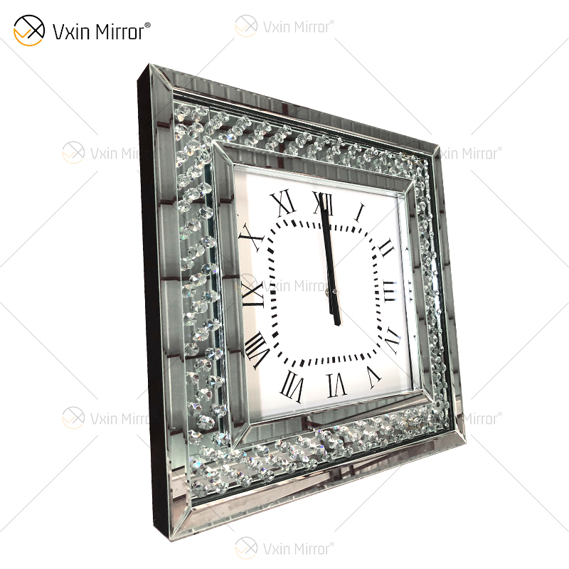 Relógio espelhado moderno barato WXMC-003 prata decorativo diamante esmagado relógio de parede espelho