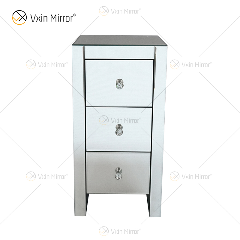 Mesa de cabeceira moderna de fábrica WXF-032 com três gavetas em vidro prata espelhado mesa de cabeceira