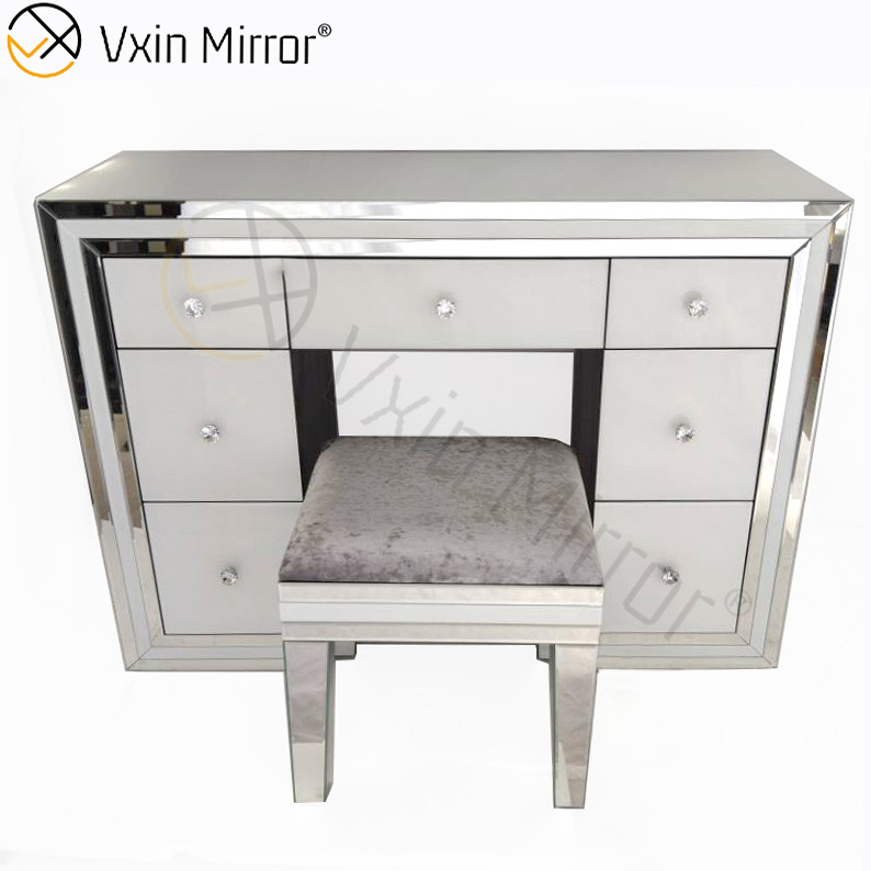 Conjunto de espelho branco de venda imperdível WXF-792 penteadeira moderna moldura de prata com cadeira 7 gavetas