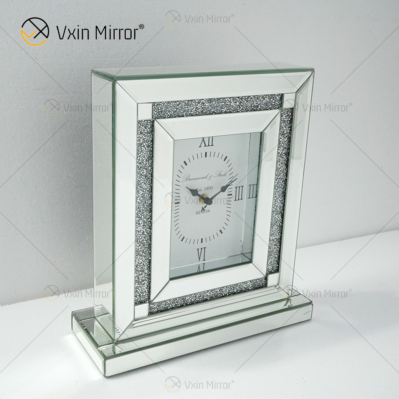 Novo design de fábrica WXMC-080 cristal prata espelho retangular relógio de mesa