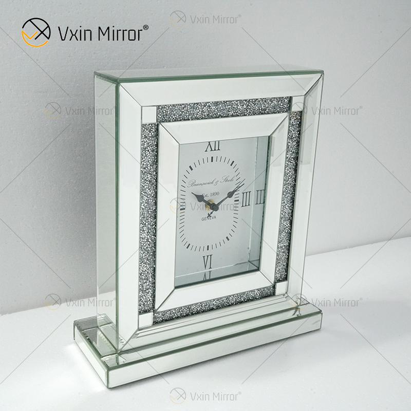 Novo design de fábrica WXMC-080 cristal prata espelho retangular relógio de mesa